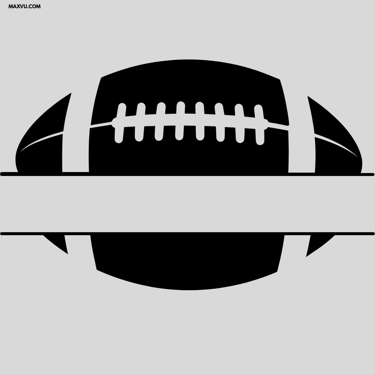 A black silhouette of an American football centered on a light gray background, with a horizontal white bar crossing the middle and a small 'MAXYU.COM' watermark in the top-left corner.