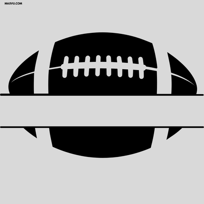 A black silhouette of an American football centered on a light gray background, with a horizontal white bar crossing the middle and a small 'MAXYU.COM' watermark in the top-left corner.