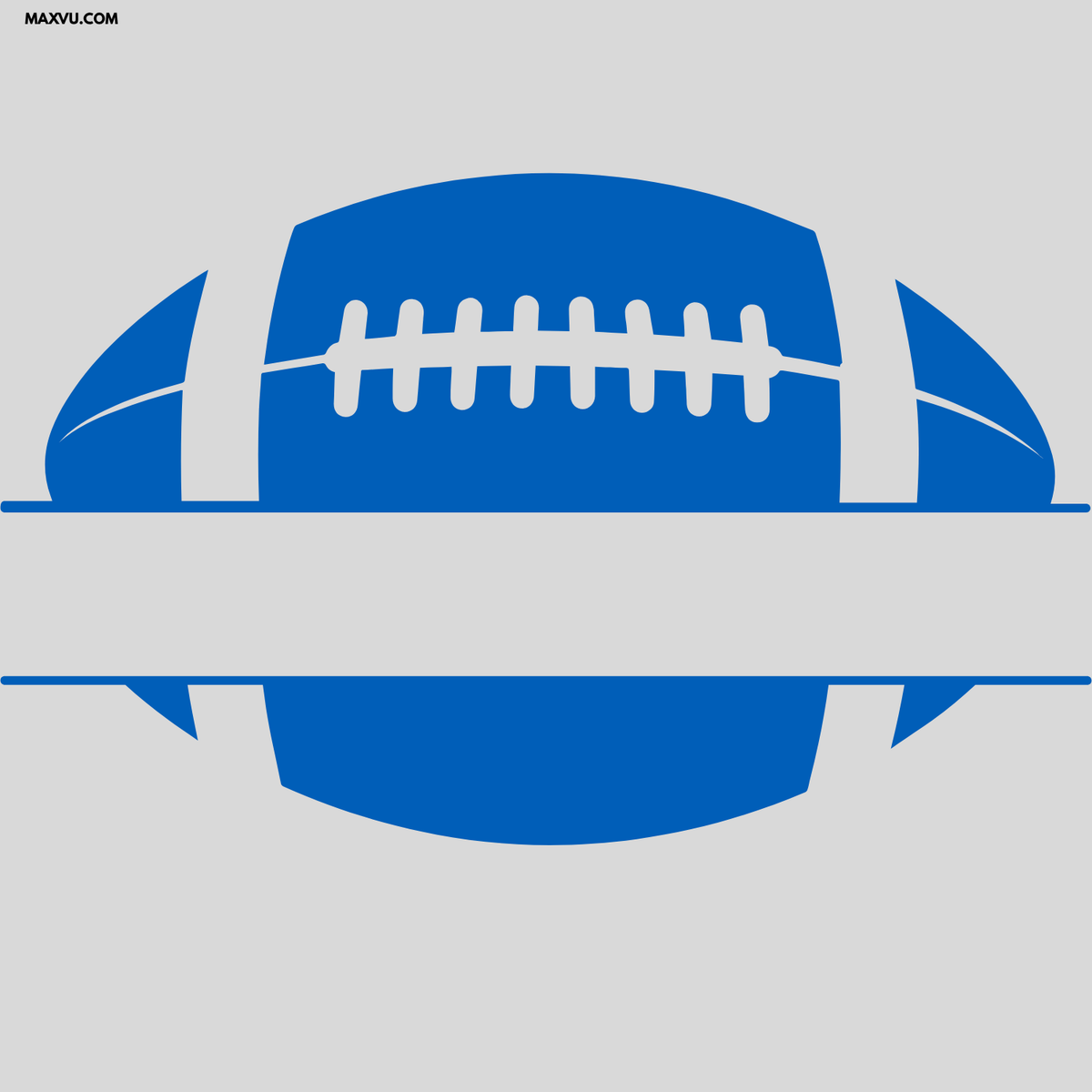 A blue American football graphic with white laces, centered on a light gray background. A white horizontal band crosses the middle, and a small 'MAXYU.