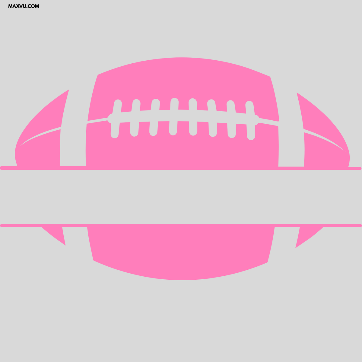 A pink football silhouette with white laces, centered on a light gray background. A white horizontal band runs across the middle, and a small 'MAXYU.