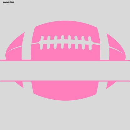 A pink football silhouette with white laces, centered on a light gray background. A white horizontal band runs across the middle, and a small 'MAXYU.