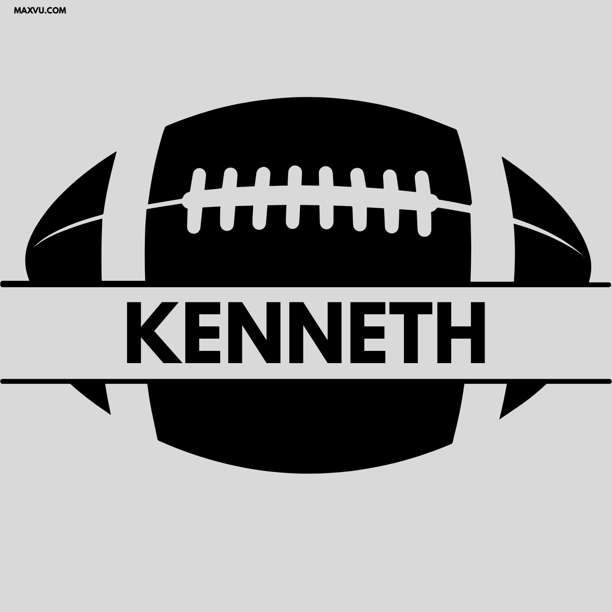 A black football-shaped decal or graphic with white laces and a horizontal banner across the middle reading “KENNETH,” shown on a light gray background. Small text in the top-left corner reads MAXYU.