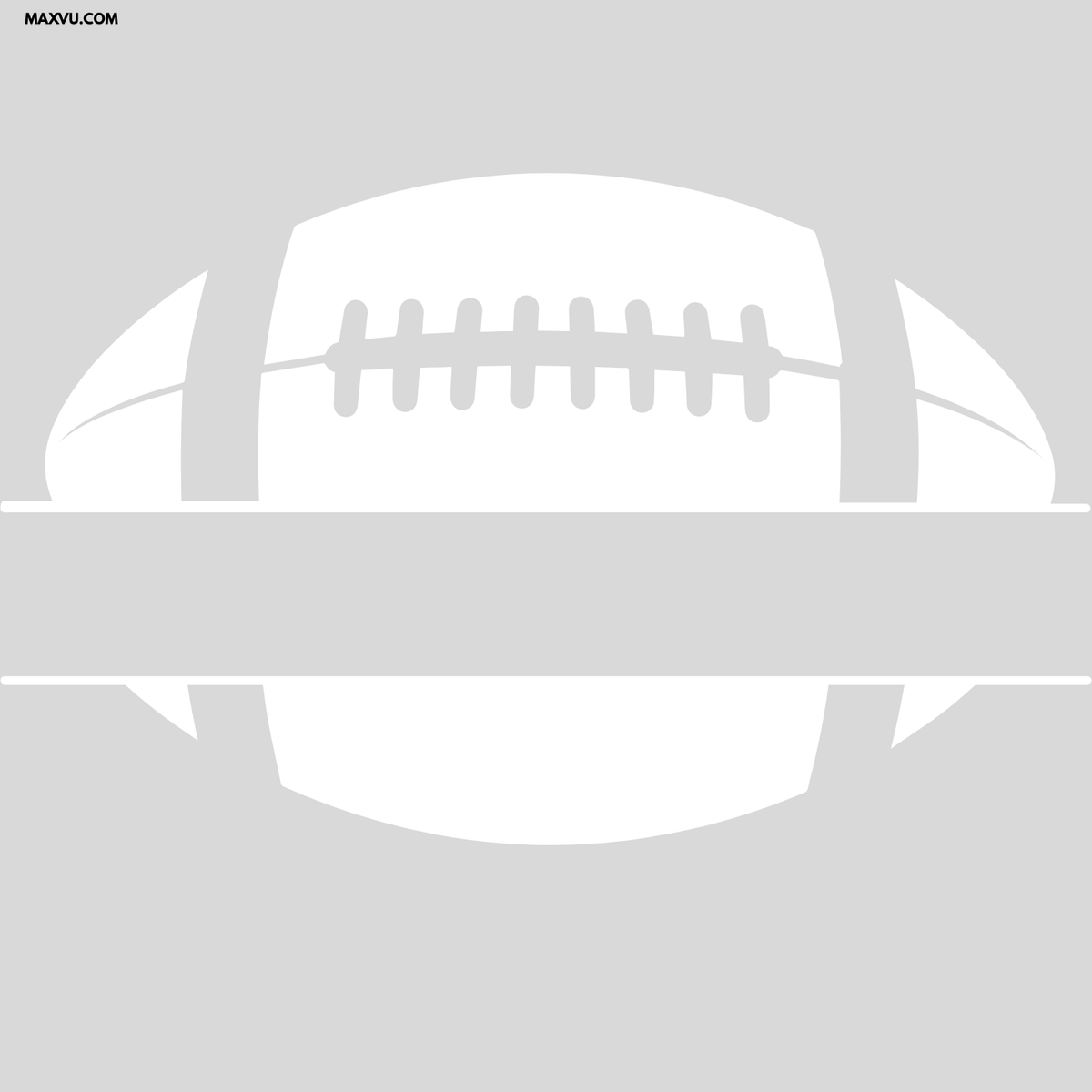 A minimalist white football silhouette with laces on a light gray background, with a small MAXYU.COM watermark in the top-left corner.