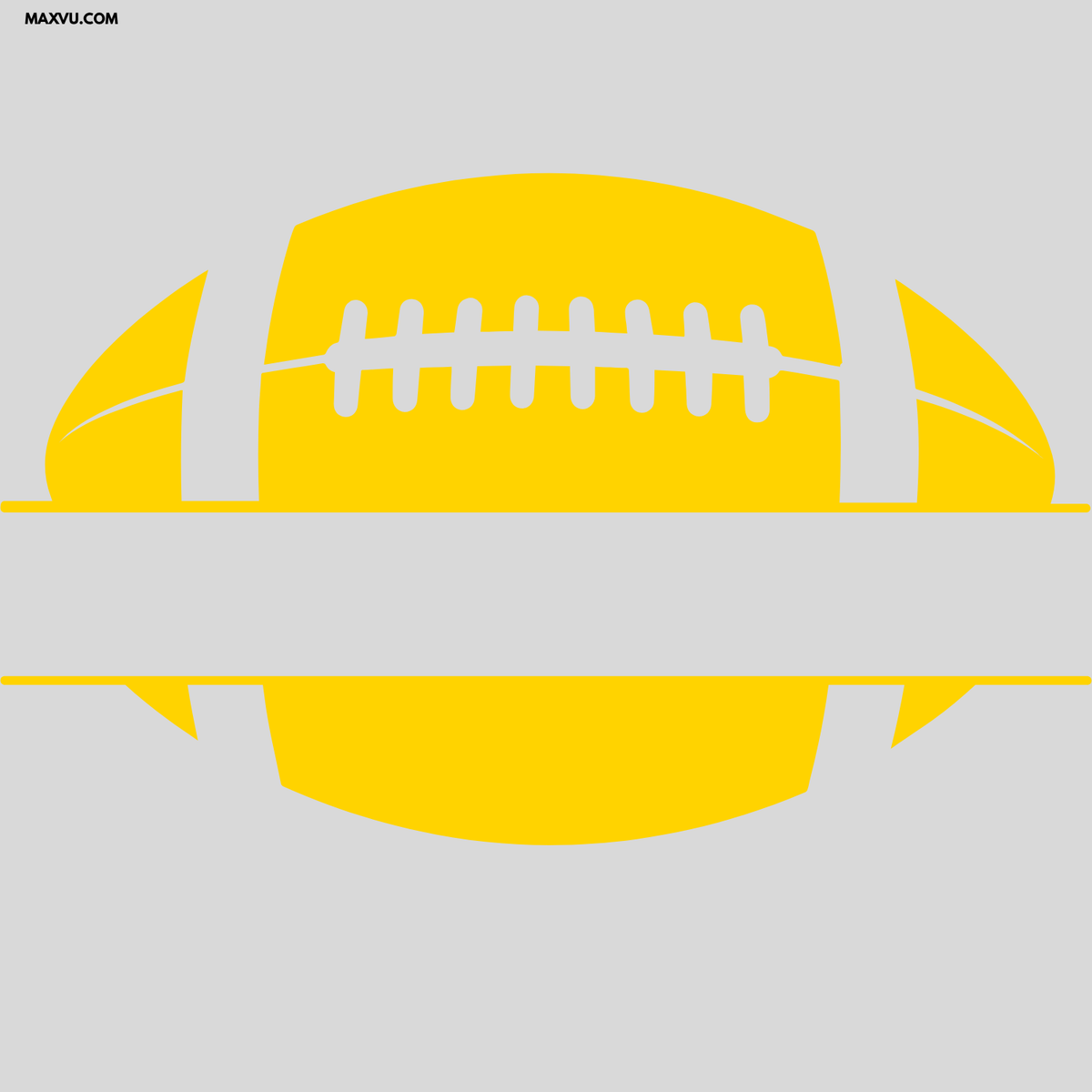 A yellow football silhouette with white laces, centered on a light gray background. A white horizontal banner spans the middle, and small black text in the top-left corner reads MAXVU.
