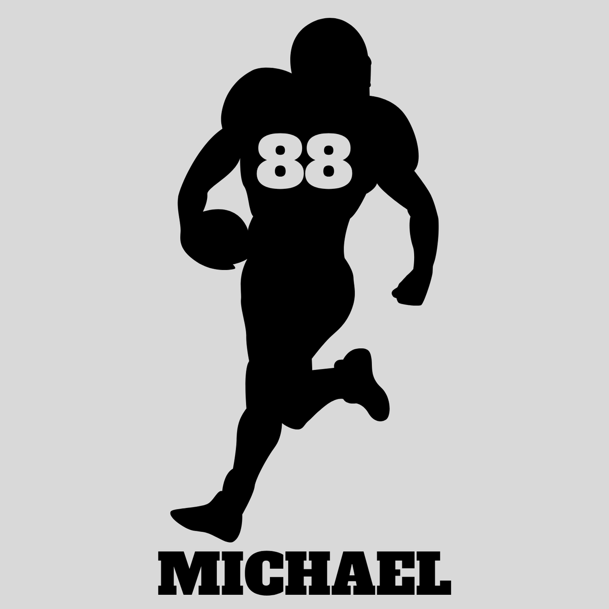 Black Silohuette of Football Running Back with a number on his chest and name below.
