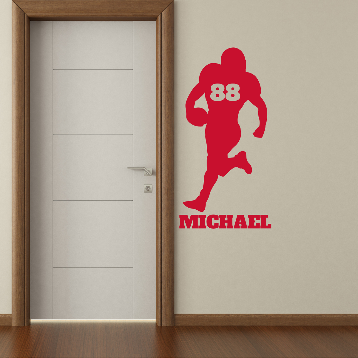Red Silohuette of Football Running Back with a number on his chest and name below beside a bedroom door. 