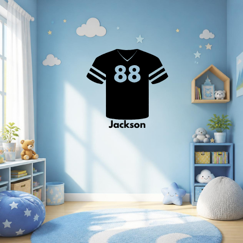 A black football jersey wall decal with the number 88 and the name Jackson, displayed on a light blue wall in a children's bedroom setting.