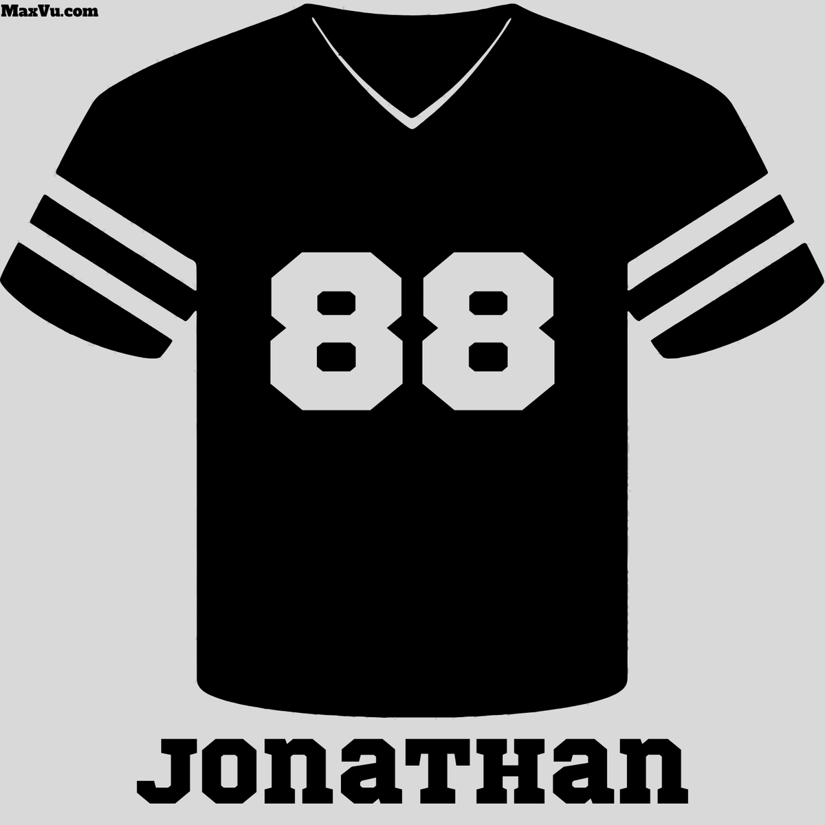A black football-style jersey graphic with white number 88 on the front, white sleeve stripes, and the name 'Jonathan' printed below on a light gray background.