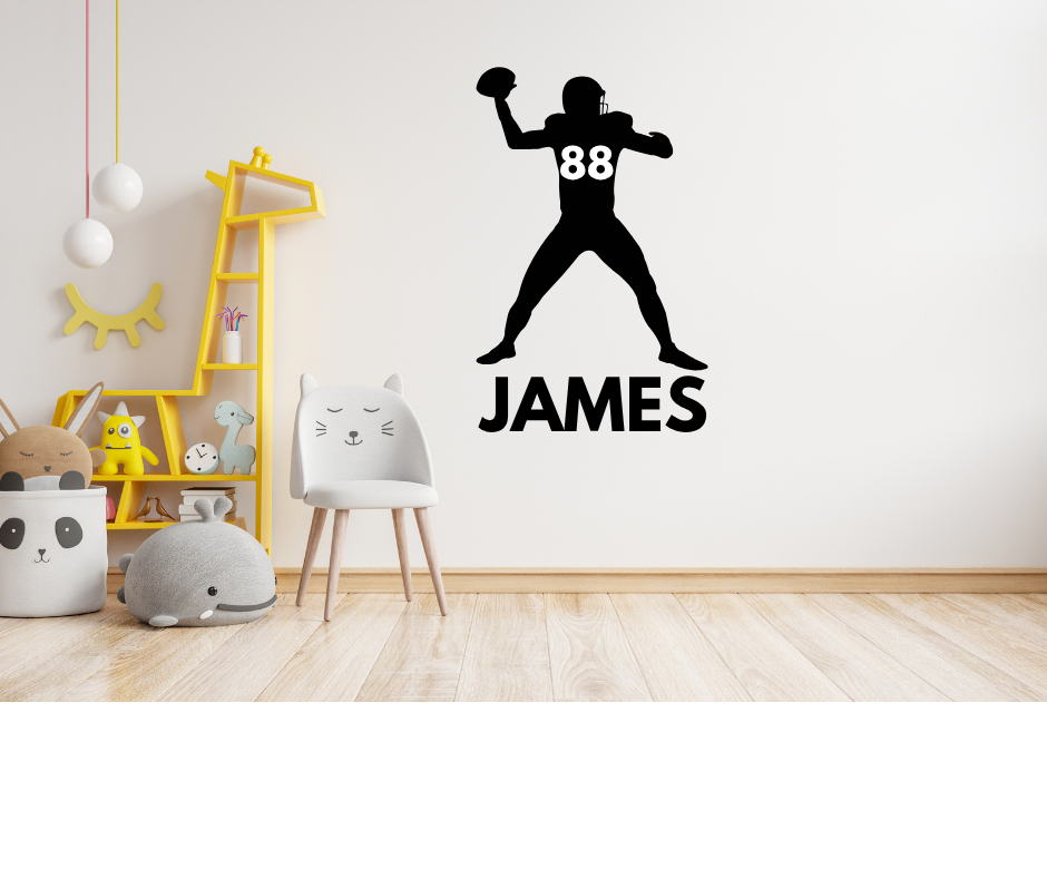 Room mockup showing personalized football quarterback wall decal with custom name and jersey number