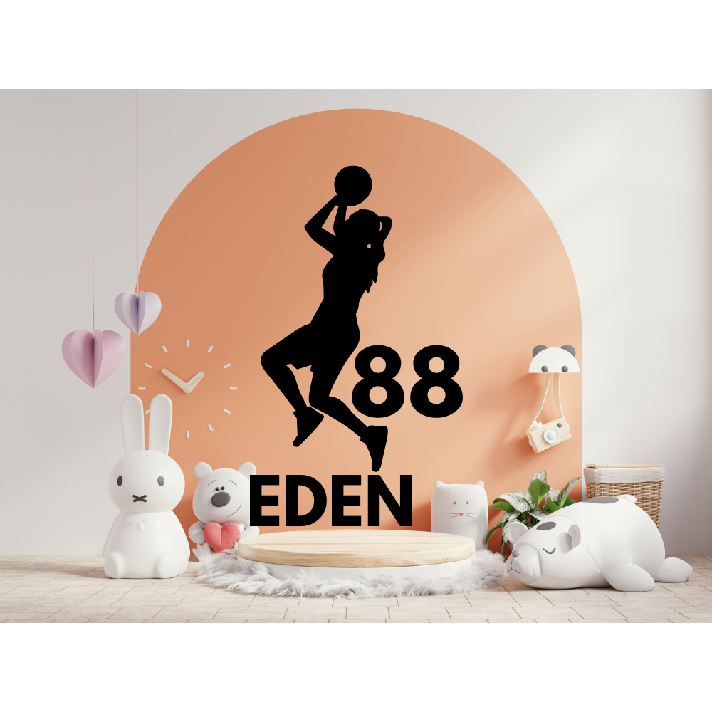 “Room mockup showing personalized girls basketball silhouette wall decal with custom name and jersey number”