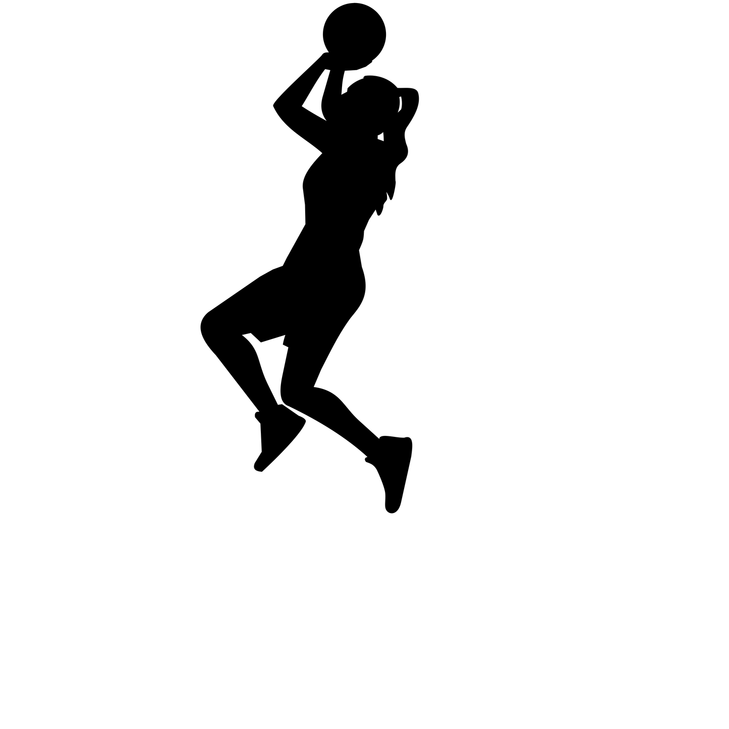 A black silhouette of a woman playing basketball, holding a basketball in her hands, set against a solid white background.