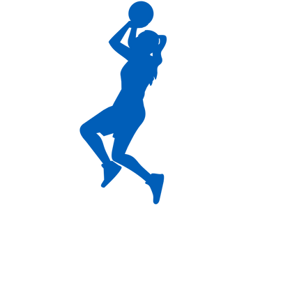 A blue silhouette of a female athlete in a dynamic jumping pose, holding a basketball above her head, set against a plain white background.