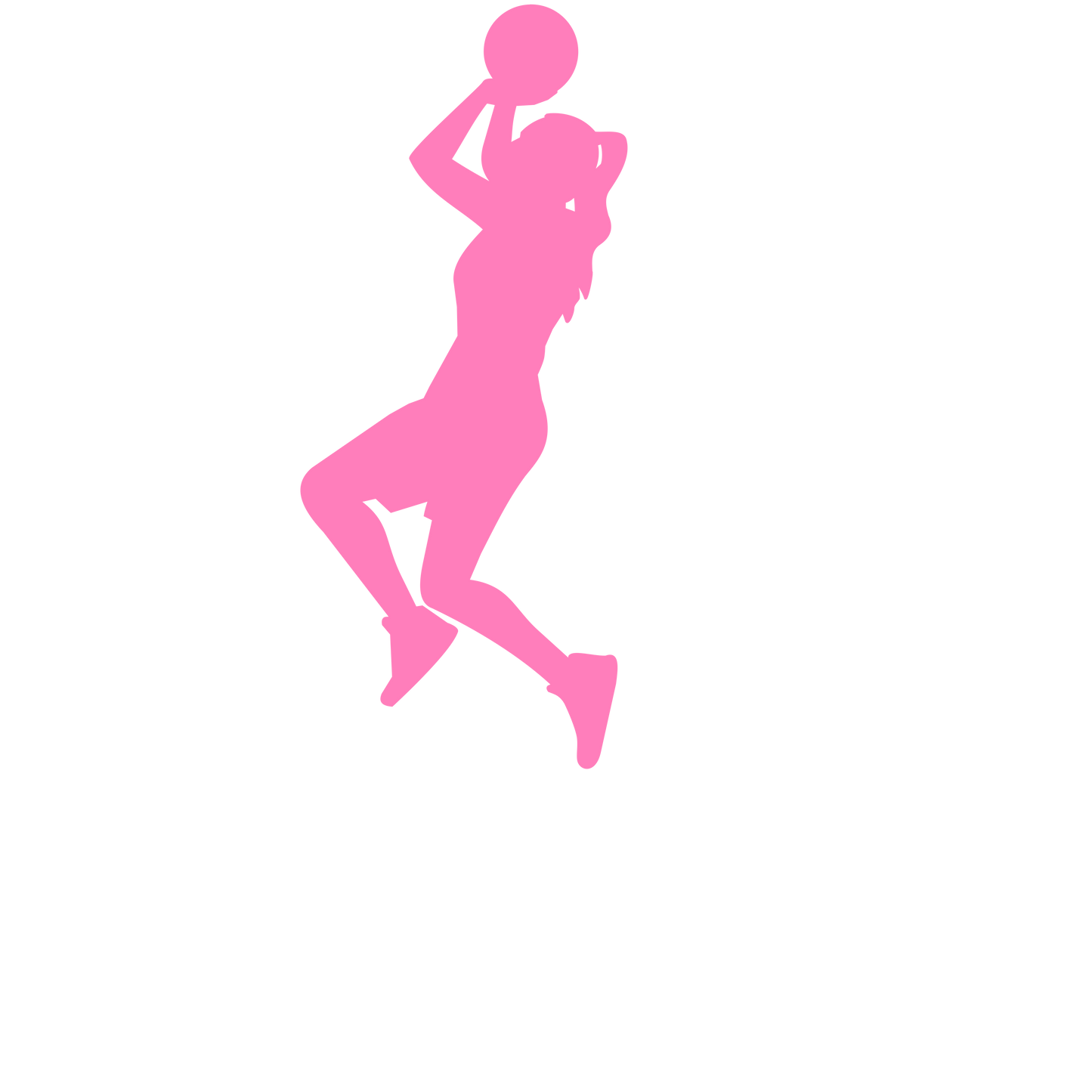 A pink silhouette graphic of a woman in a dynamic pose holding a ball, centered on a white background.