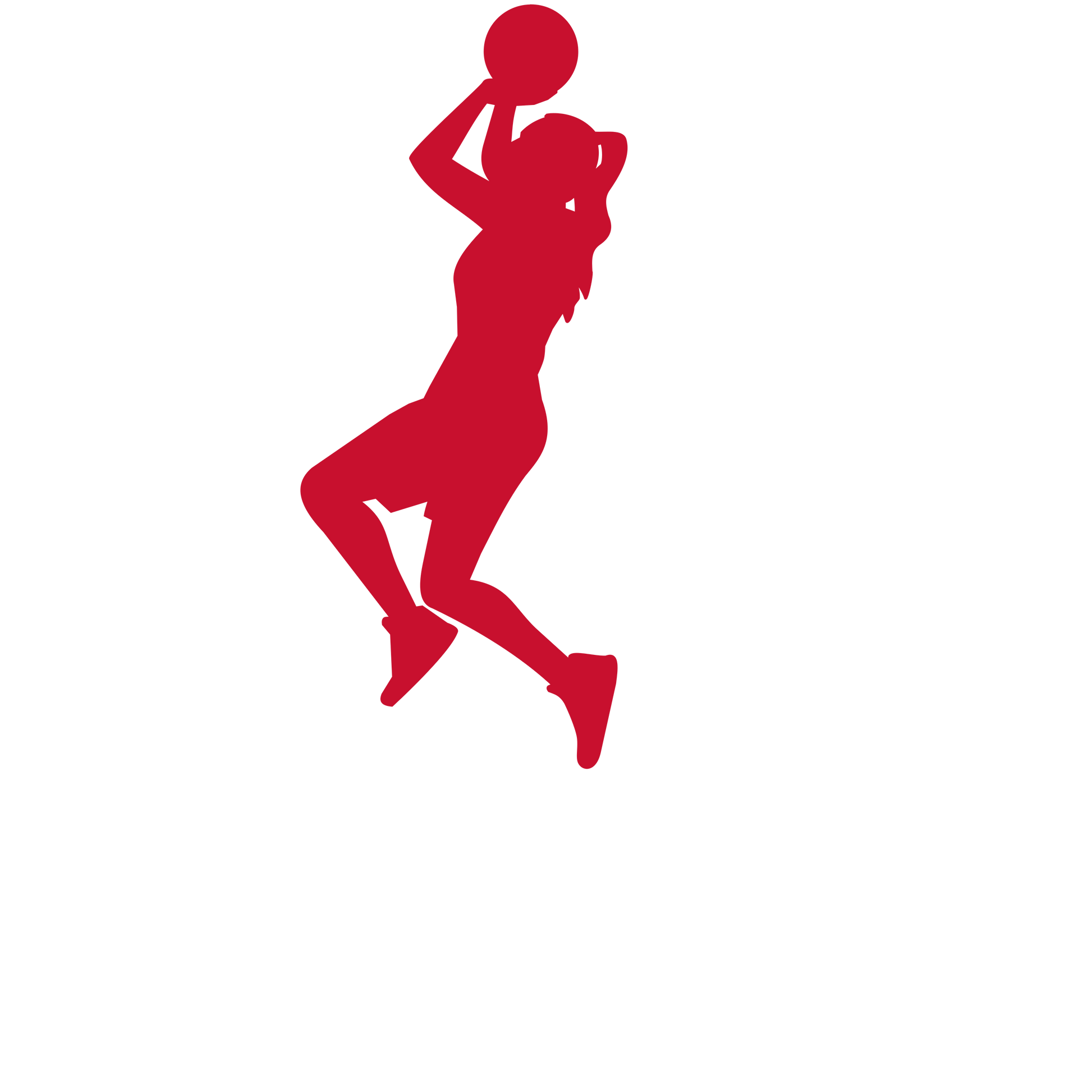 A red silhouette graphic of a female athlete in a dynamic jumping pose holding a basketball, set against a solid white background.
