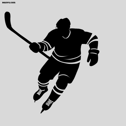 Personalized black hockey player skating wall graphic with custom name and number – removable vinyl