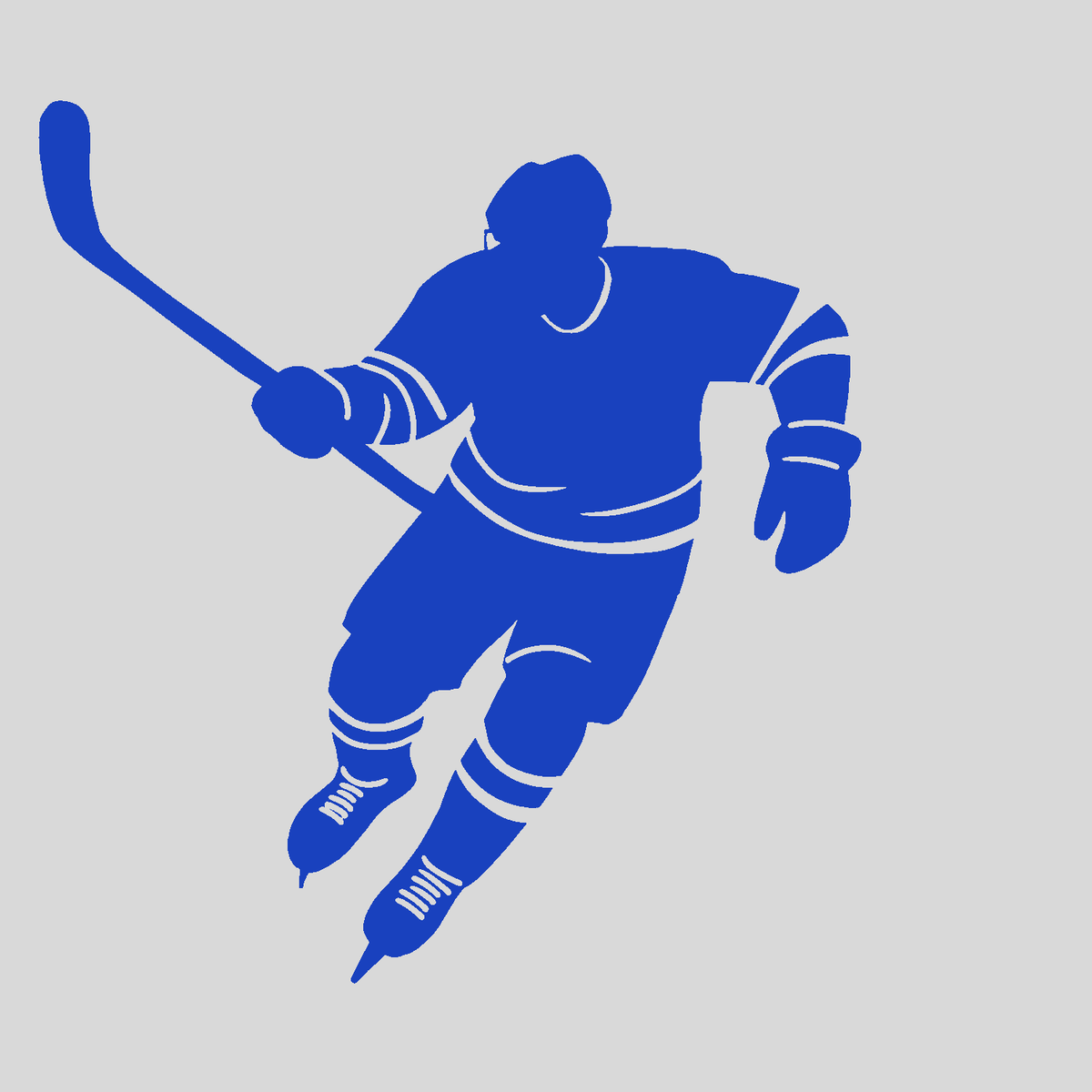 Personalized blue hockey player skating wall graphic with custom name and number – removable vinyl