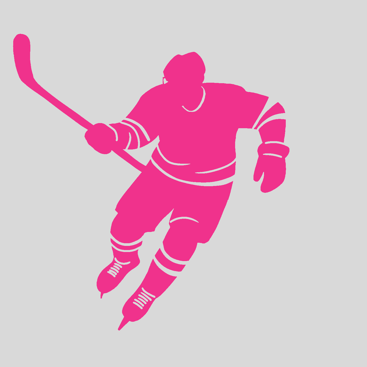 Personalized pink hockey player skating wall graphic with custom name and number – removable vinyl