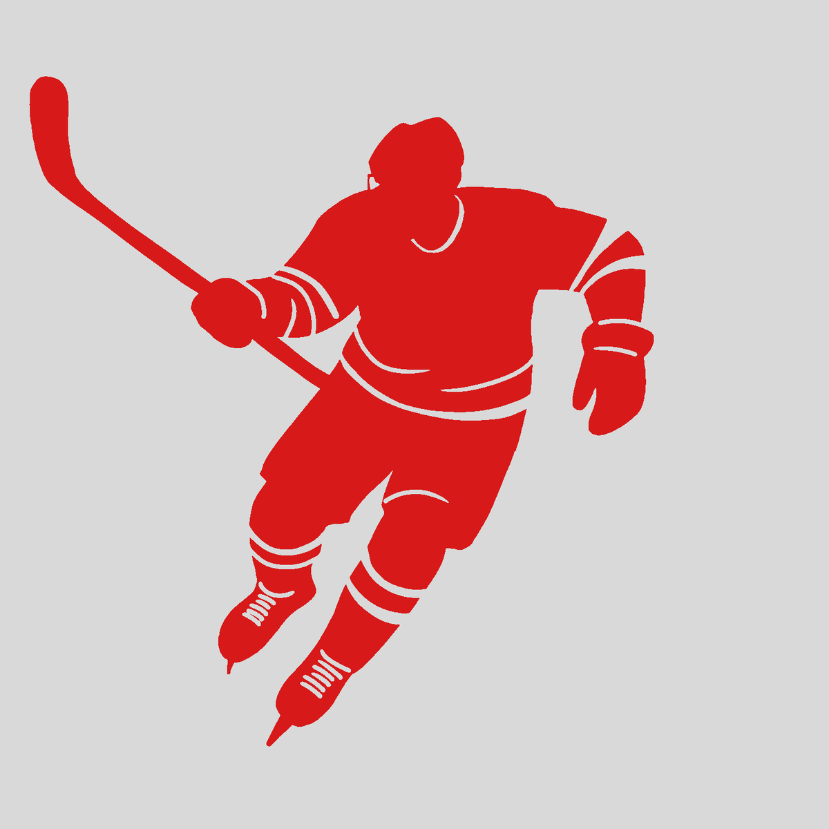 Personalized red hockey player skating wall graphic with custom name and number – removable vinyl