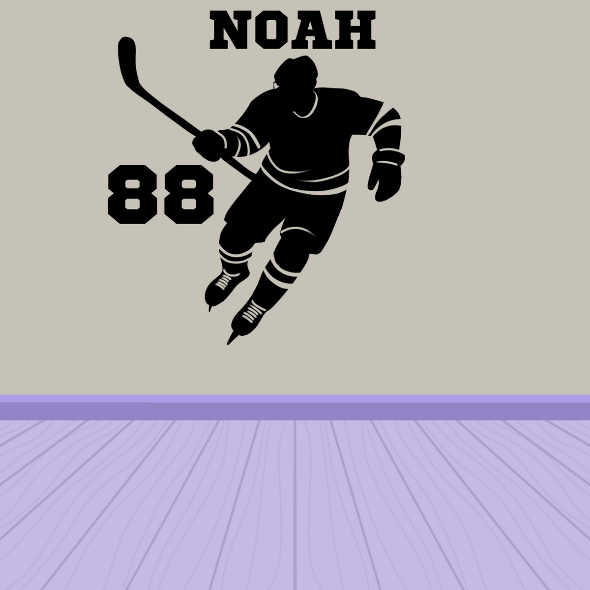 Hockey Skater with Stick up, with name and number. On a wall.