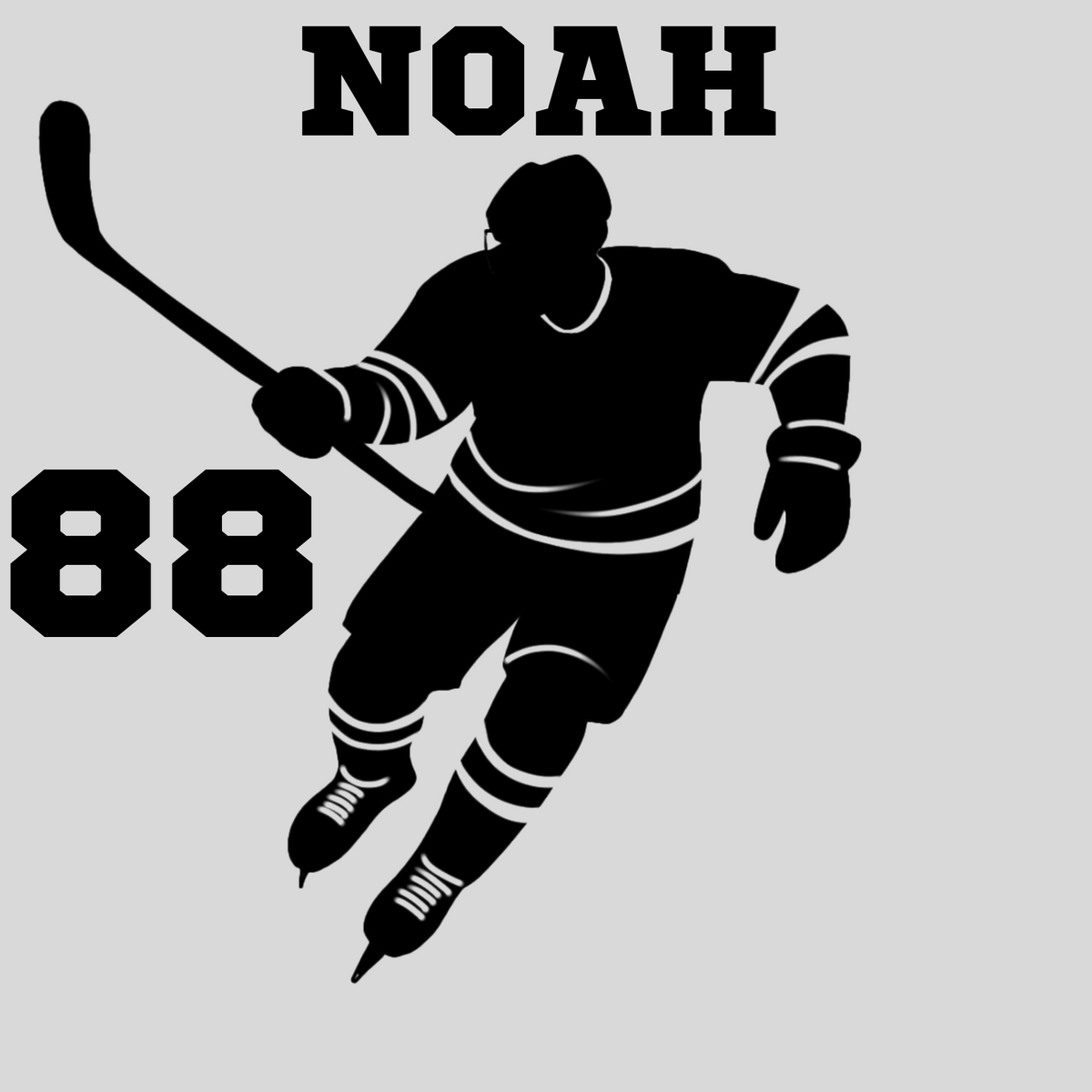 Personalized black hockey player skating wall graphic with custom name and number – removable vinyl Sample with name and number