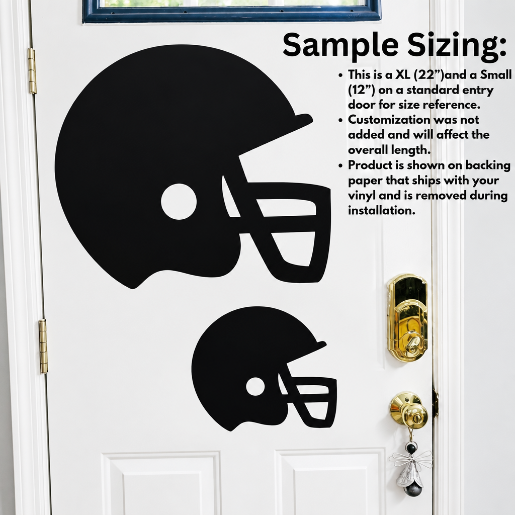 Size comparison of Small (12-inch) and XL (22-inch) custom sports vinyl graphics shown on backing paper against a standard residential door.