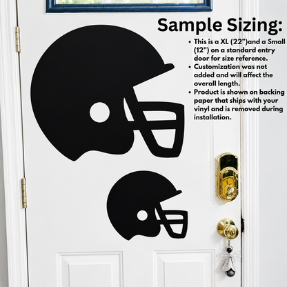 Size comparison of Small (12-inch) and XL (22-inch) custom sports vinyl graphics shown on backing paper against a standard residential door.